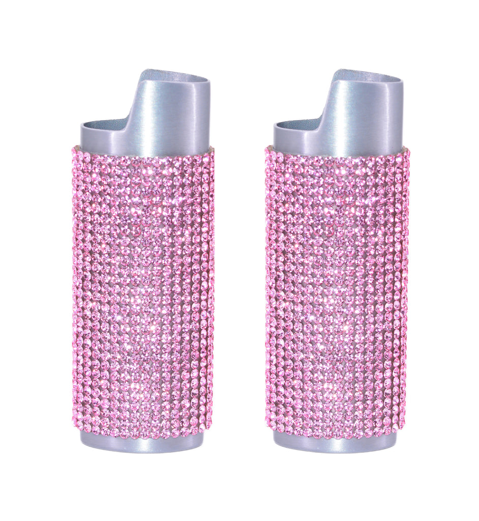 2 (Two) Silver Bedazzled Bling Lighter Case Cover Sleeves with Pink Rhinestones LS37