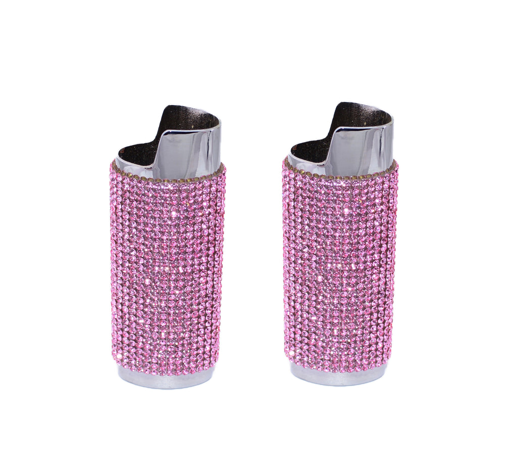 2 (Two) Silver Mirrored Bling Bedazzled Lighter Case Cover Sleeves with Pink Rhinestones LS63