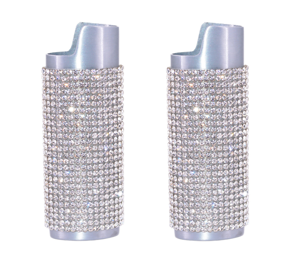 2 (Two) Silver Bedazzled Bling Lighter Case Cover Sleeves with Crystal Rhinestones LS2