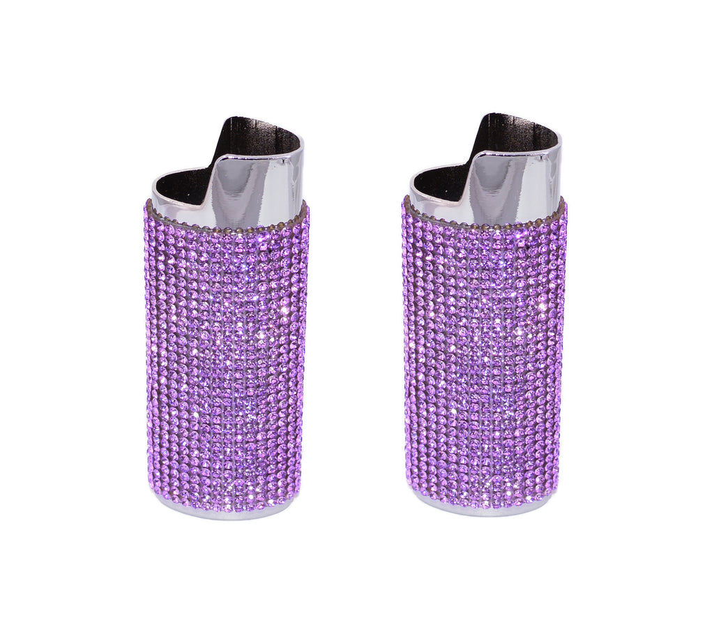 2 (Two) Silver Mirrored Bling Bedazzled Lighter Case Cover Sleeves with Lavender Rhinestones LS64
