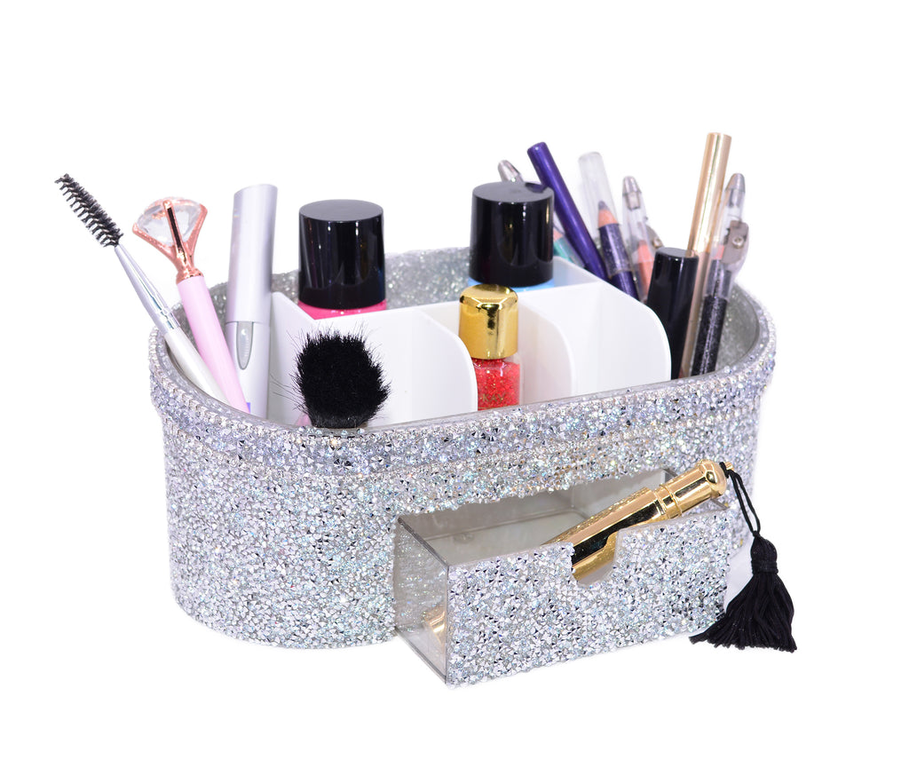 Glam Bling Bedazzled Rhinestone Cosmetic Organizer and Makeup Holder, Compartmented, Shatter-Proof, Perfect Bathroom Vanity Storage Solution for Beauty Supply, Multiple Compartements plus Spacious Slide-Out Drawer. Crushed Crystal Diamonds CT07