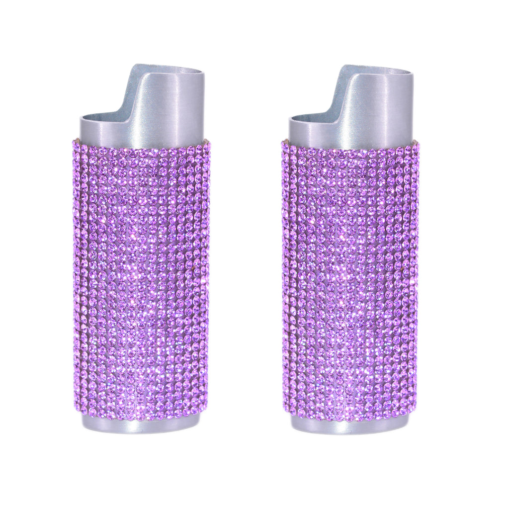 2 (Two) Silver Bedazzled Bling Lighter Case Cover Sleeves with Lavender Rhinestones LS52