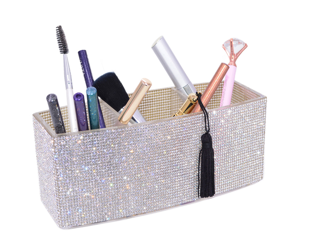 Bling / Glam / Diamond Makeup Brush Organizer, Cosmetics Brushes Storage Holders, Desk Pen and Pencil Holder. Briliant Crystal Clear Rhinestones.