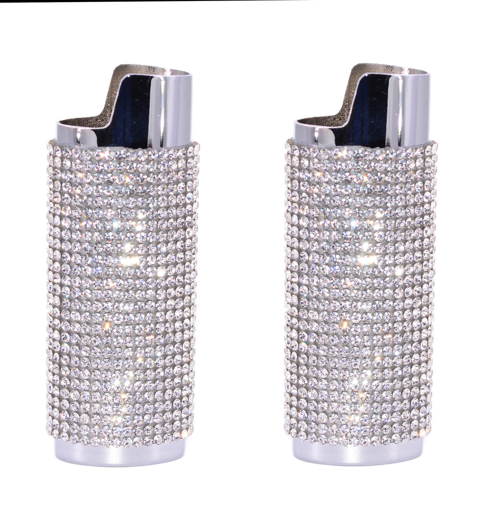 2 (Two) Mirrored Silver Bedazzled Bling Lighter Case Cover Sleeves with Crystal Rhinestones LS51