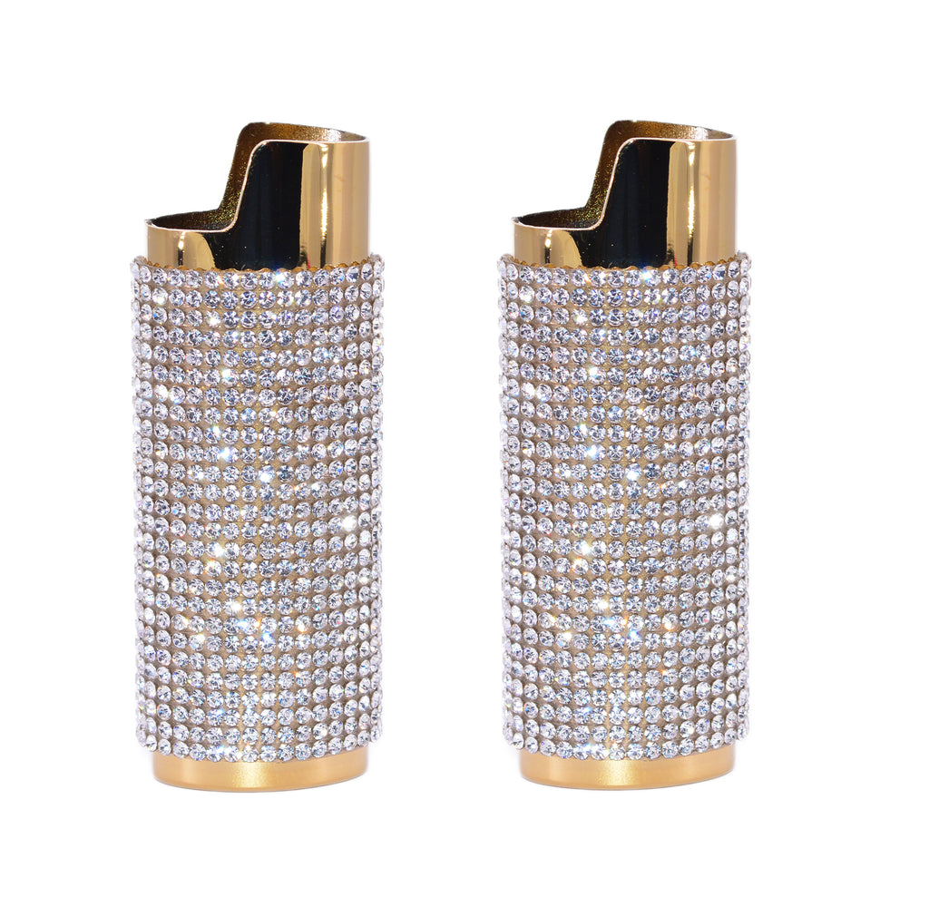 2 (Two) Mirrored Gold Bedazzled Bling Lighter Case Cover Sleeves with Crystal Rhinestones LS50