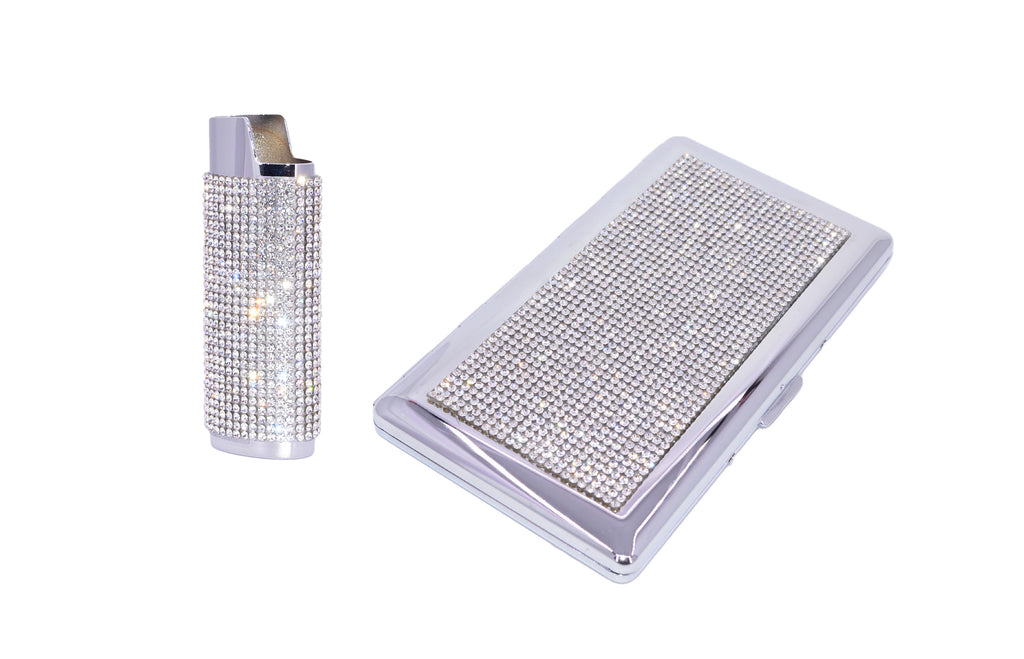 Bling Crystal Rhinestone Cigarette Case / Lighter Sleeve Set for 120s & 100s