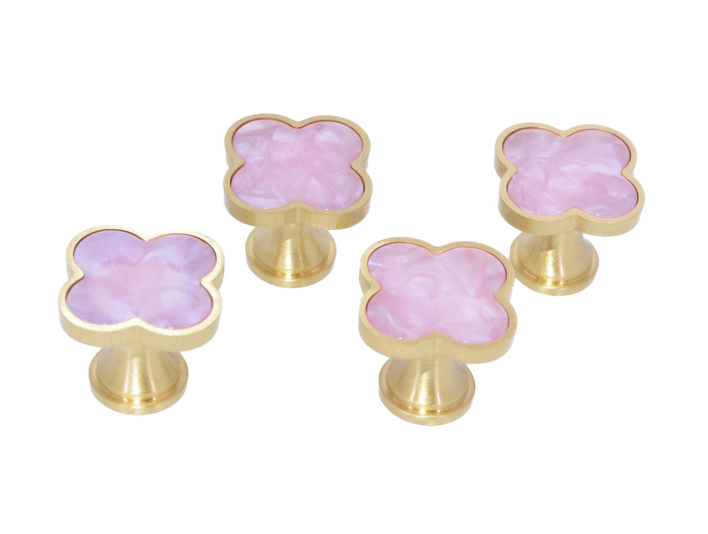 Pink Mauve Clover with Brass Base Cabinet and Drawer Knob (4 Pack), Pull Handle, Hardware Cabinet Knobs, Dresser Pulls (4 Pack)